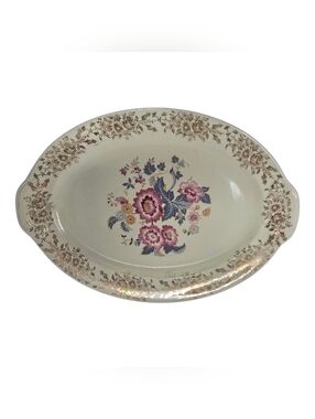 Vintage Taylor, Smith & Taylor Floral Serving Platter with Gold Filigree Rim